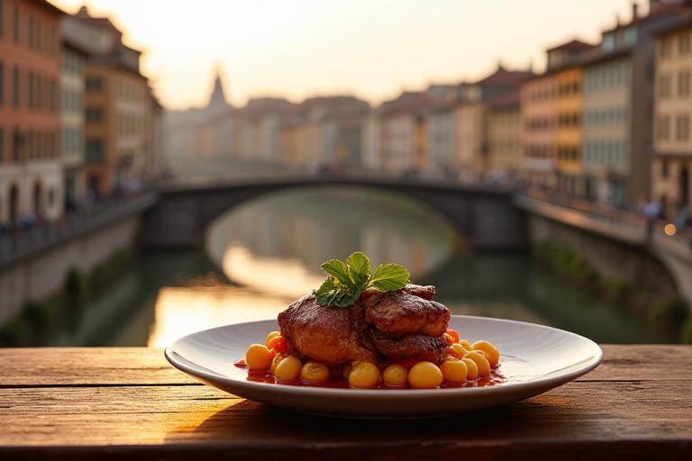 Vue panoramique de Lyon avec un plat de cuisine française en premier plan, symbolisant l'inspiration et l'authenticité de Saveur Envol.