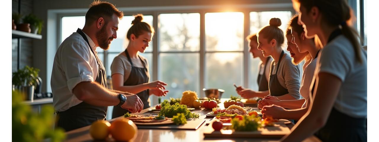 Chef enseignant dans un atelier de cuisine avec des participants concentrés