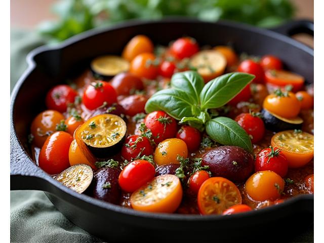 Photo d'une ratatouille colorée et fraîchement cuite dans une cocotte
