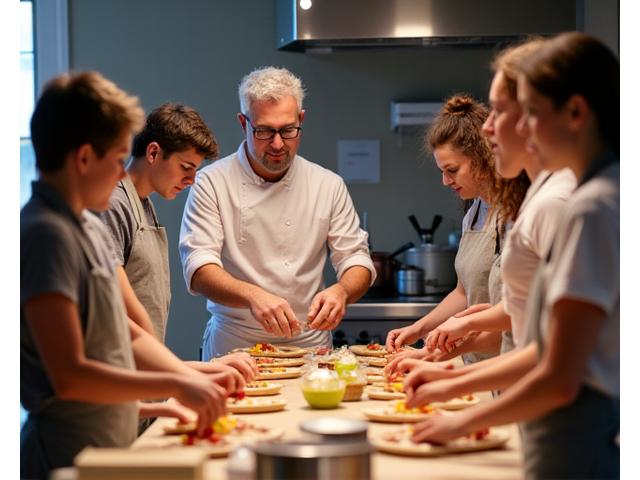 Groupe d'étudiants en cuisine apprenant d'un chef à Lyon.