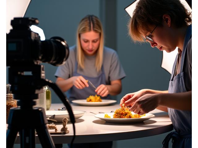 Scène de shooting photo culinaire avec styliste et photographe.