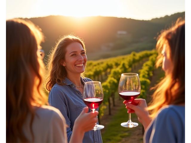 Champ de vignes français avec un groupe dégustant du vin.