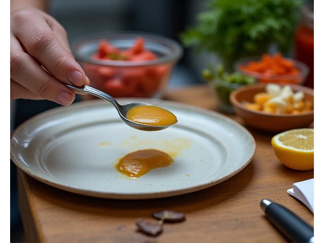 Main d'un chef testant une recette en cuisine, notes et ingrédients à proximité.