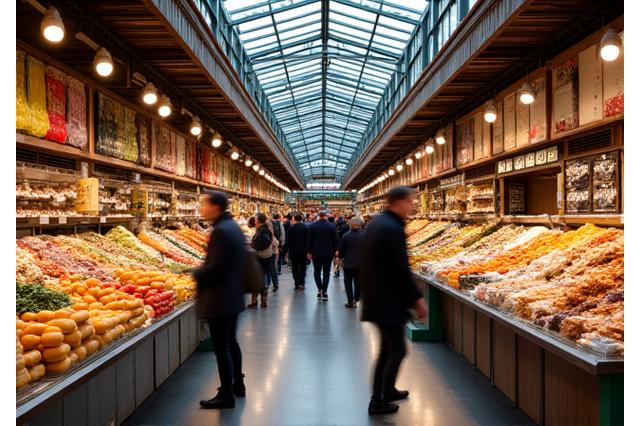 Intérieur animé des Halles Paul Bocuse avec des étals de produits frais